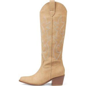 Women Camel Polyurethane Embroidered Pull-On Chunky Heel Knee High Western Boots